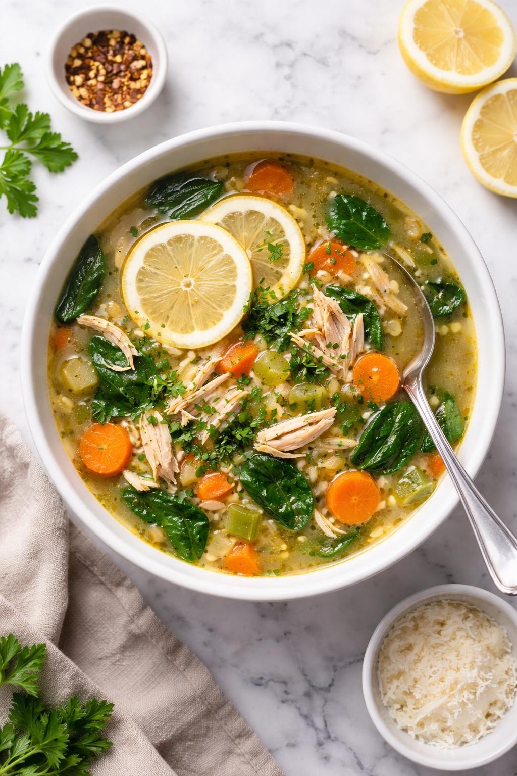 An overheard picture view of a plate of  Lemon Chicken and Vegetable Soup with Spinach  sitting on a marble countertop table in the kitchen, professional food photography style.
