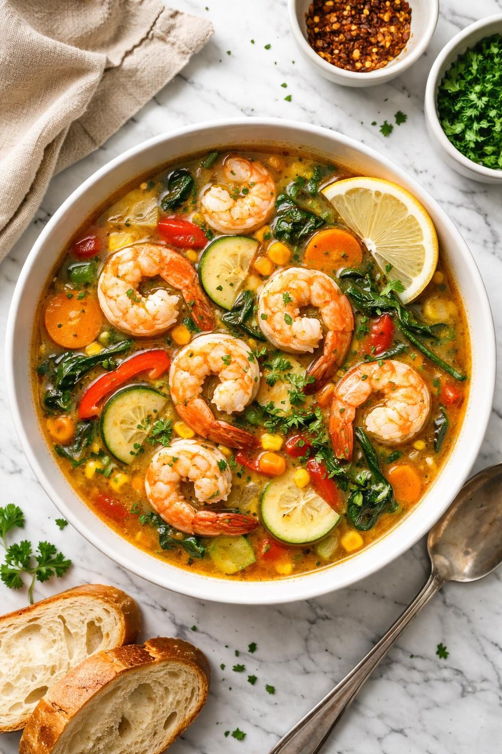 An overheard picture view of a plate of  Shrimp and Vegetable Soup  sitting on a marble countertop table in the kitchen, professional food photography style.
