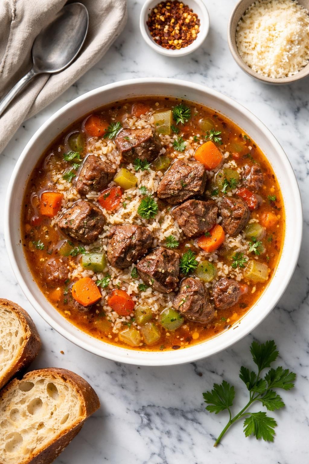An overheard picture view of a plate of Simple Beef and Rice Soup sitting on a marble countertop table in the kitchen, professional food photography style.