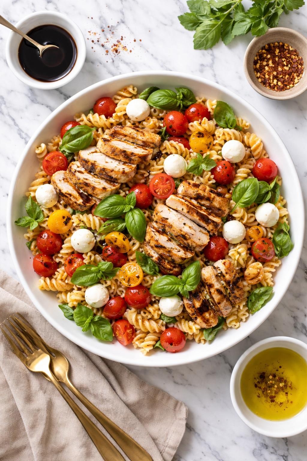 An overheard picture view of a plate of  Grilled Chicken Caprese Pasta Salad  sitting on a marble countertop table in the kitchen, professional food photography style.
