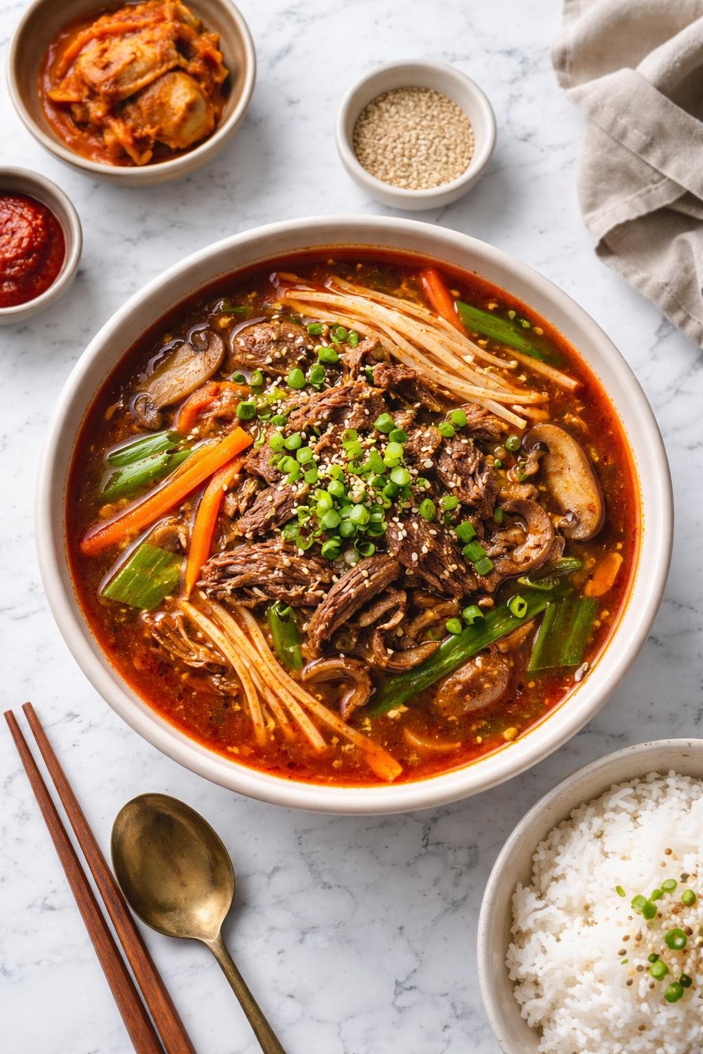 An overheard picture view of a plate of Korean Beef Soup (Yukgaejang) sitting on a marble countertop table in the kitchen, professional food photography style.