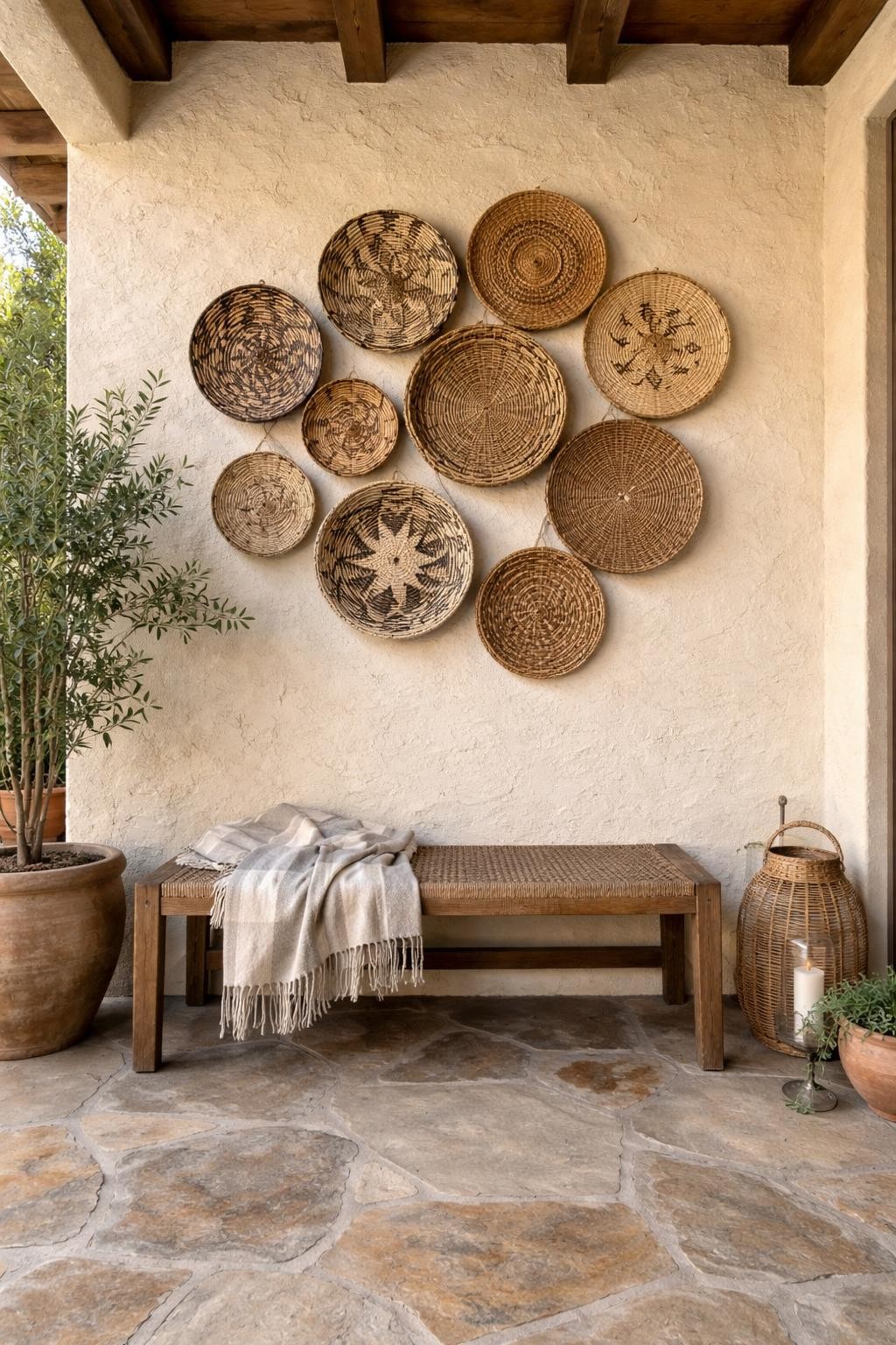 Photo of a patio corner with a wall covered in hanging woven baskets and a small bench below, straight-on view, setting on a covered patio with stone floors, morning light, containing a folded throw blanket on the bench, iPhone photo quality.