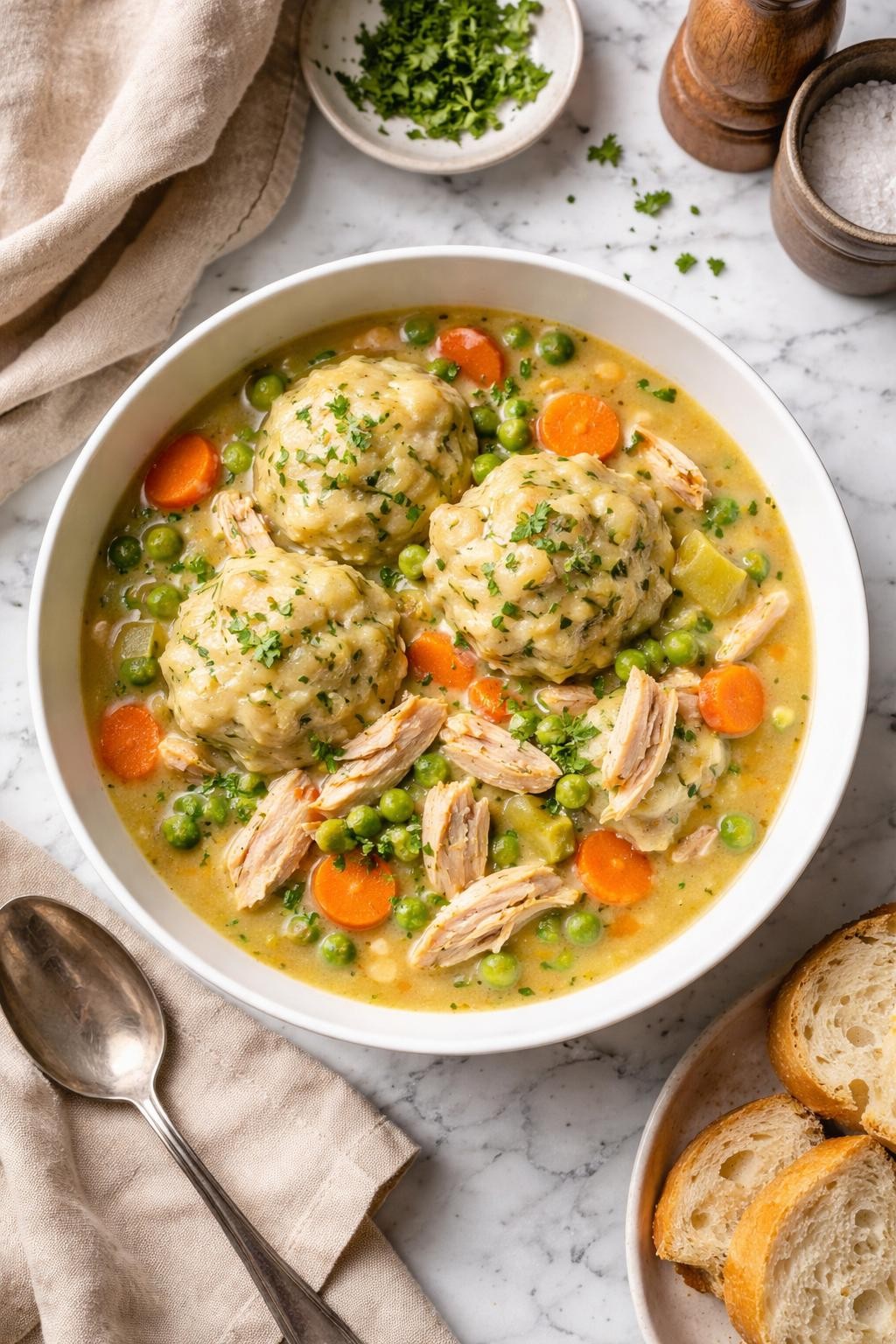 An overheard picture view of a plate of Dutch Oven Chicken and Dumplings   sitting on a marble countertop table in the kitchen, professional food photography style.
