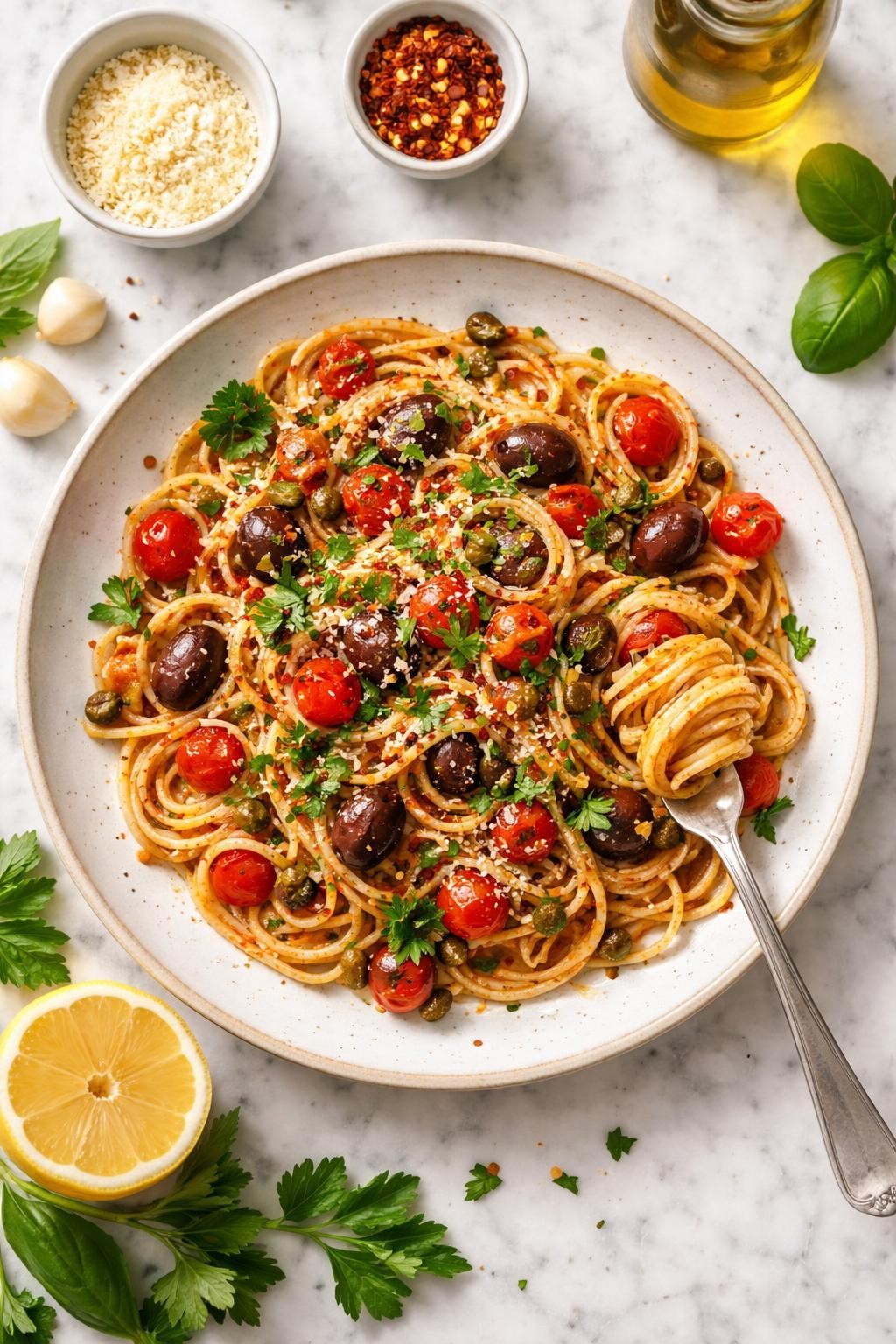 An overheard picture view of a plate of   Simple Vegan Puttanesca sitting on a marble countertop table in the kitchen, professional food photography style.

