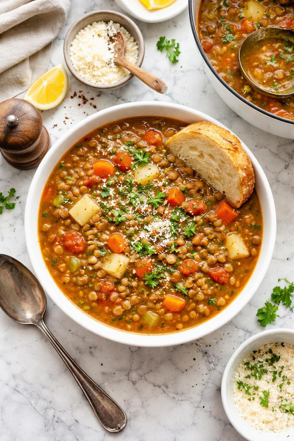 An overheard picture view of a plate of Dutch Oven Lentil Soup   sitting on a marble countertop table in the kitchen, professional food photography style.
