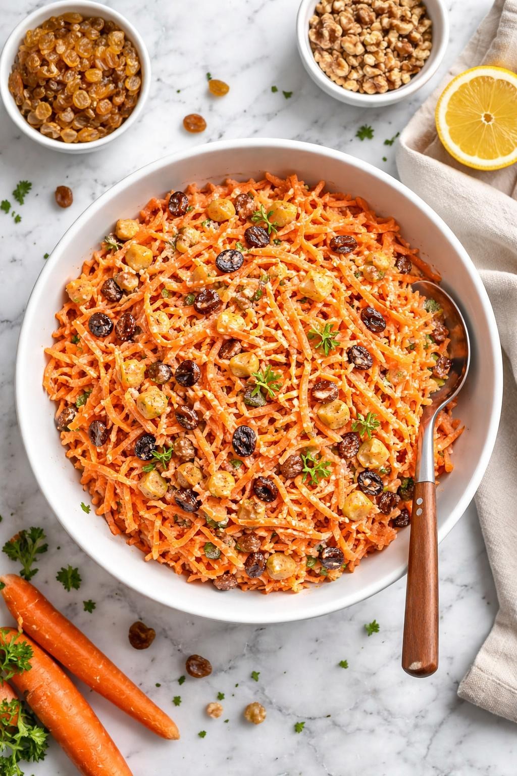 An overheard picture view of a plate of  Grandma's Classic Carrot Raisin Salad  sitting on a marble countertop table in the kitchen, professional food photography style.
