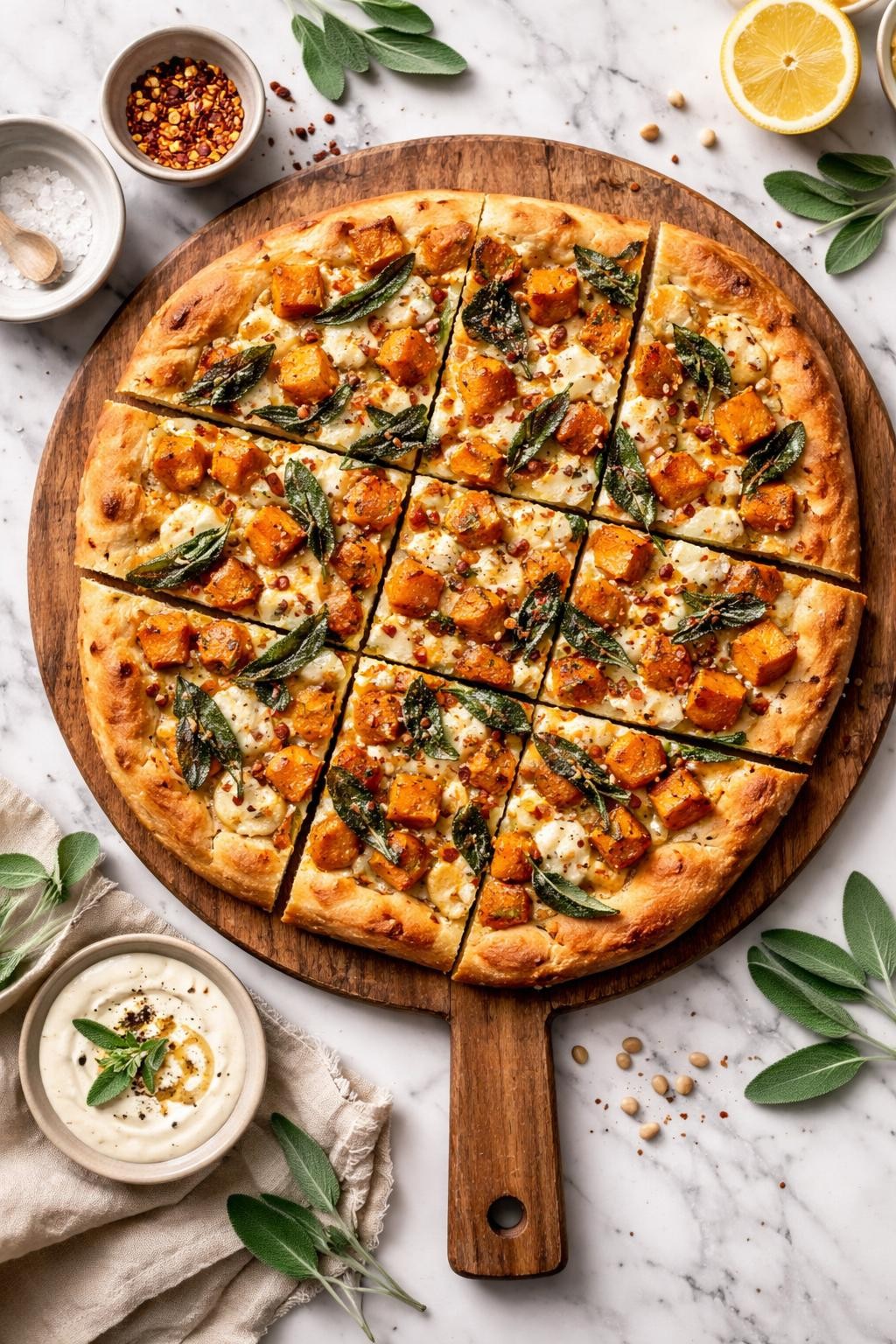 An overheard picture view of a plate of Butternut Squash and Sage Flatbread sitting on a marble countertop table in the kitchen, professional food photography style.