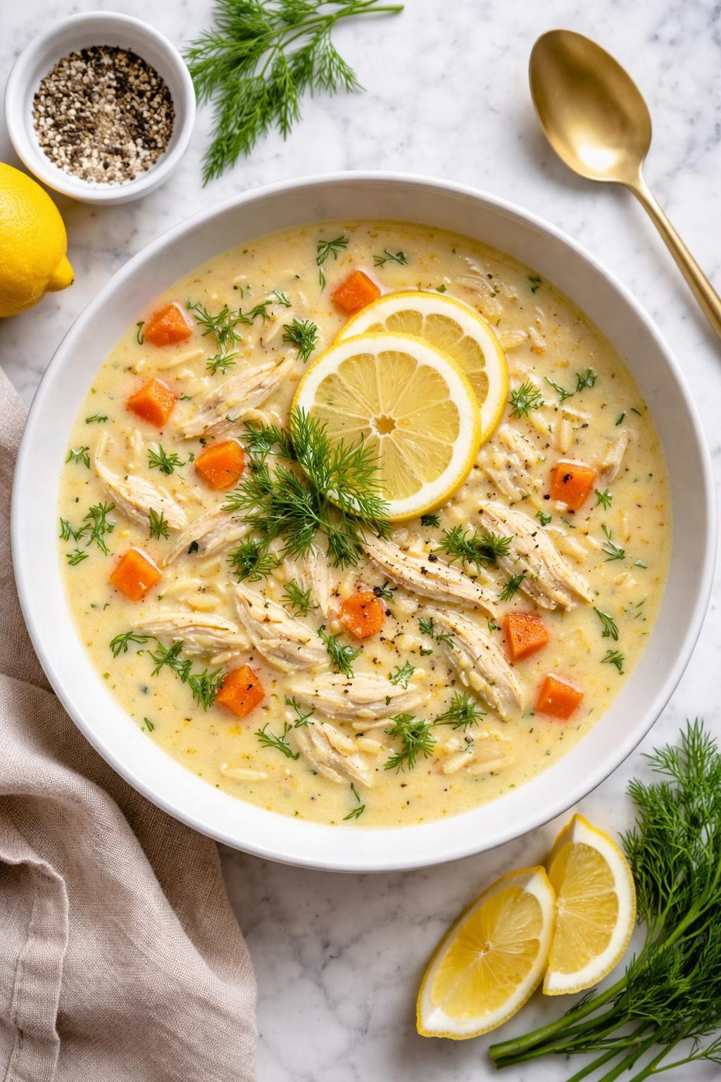 An overheard picture view of a plate of  Greek Lemon Chicken Soup (Light Avgolemono)  sitting on a marble countertop table in the kitchen, professional food photography style.
