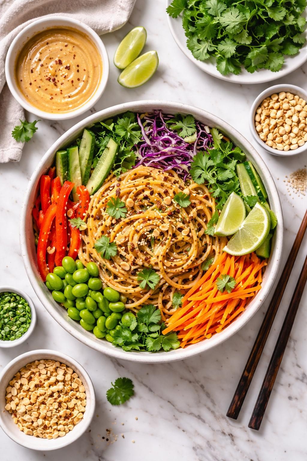 An overheard picture view of a plate of Peanut Noodle Bowl with Vegetables sitting on a marble countertop table in the kitchen, professional food photography style.