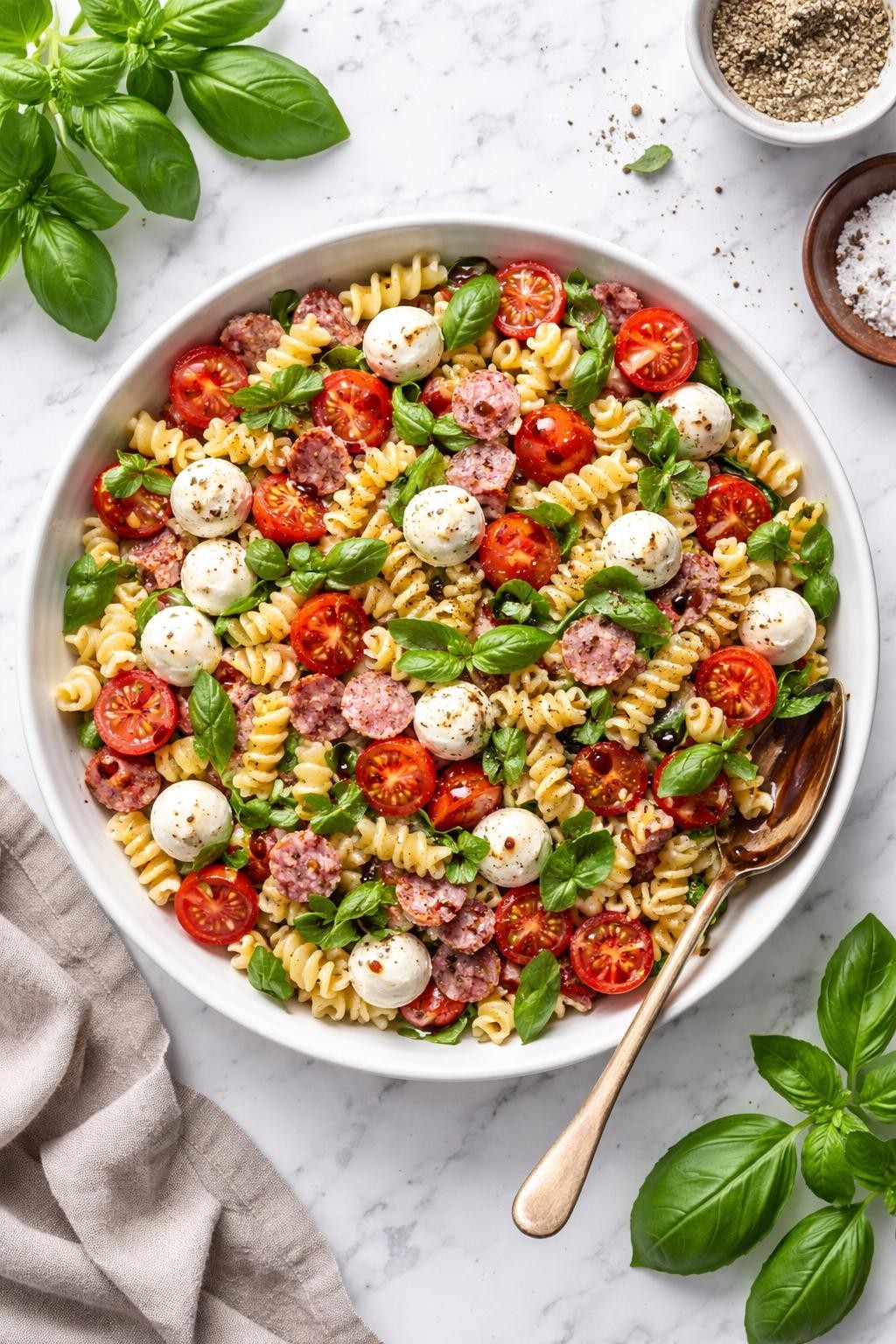 An overheard picture view of a plate of  Caprese Pasta Salad with Salami  sitting on a marble countertop table in the kitchen, professional food photography style.
