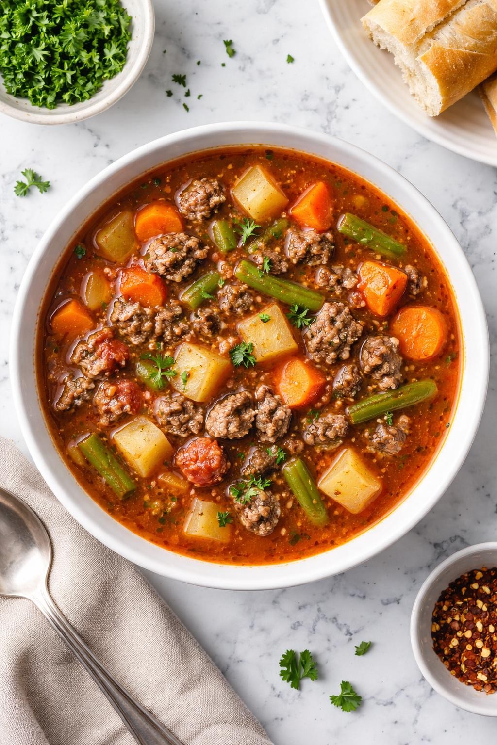 An overheard picture view of a plate of 4-Ingredient Beef and Vegetable Soup sitting on a marble countertop table in the kitchen, professional food photography style.