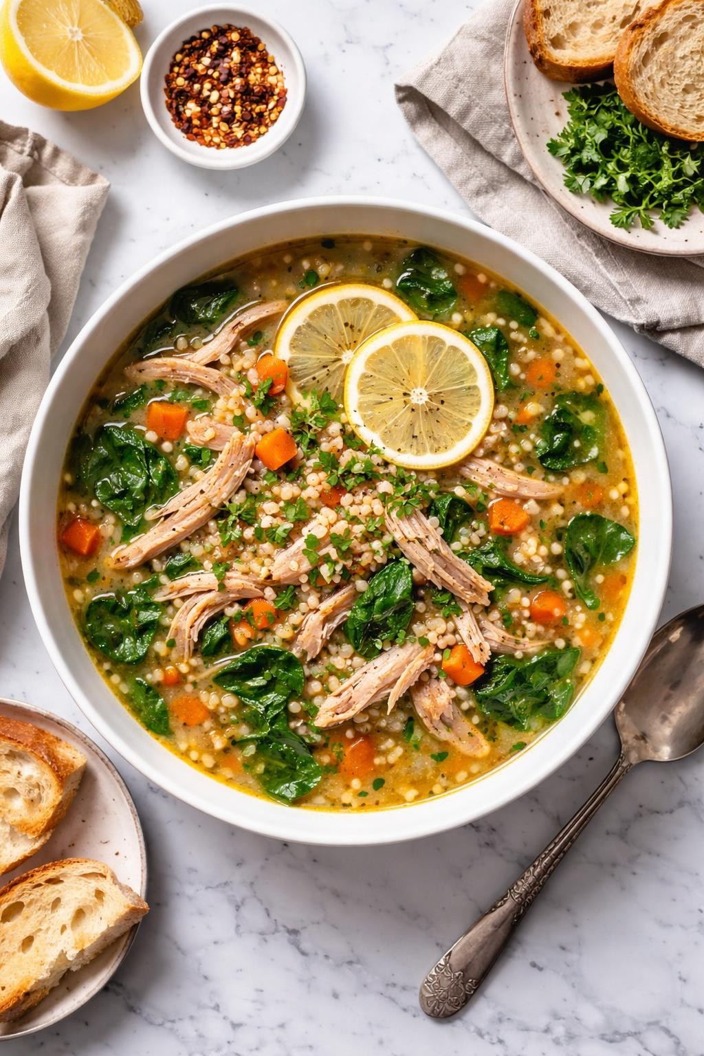 An overheard picture view of a plate of  Turkey Soup with Lemon and Barley  sitting on a marble countertop table in the kitchen, professional food photography style.
