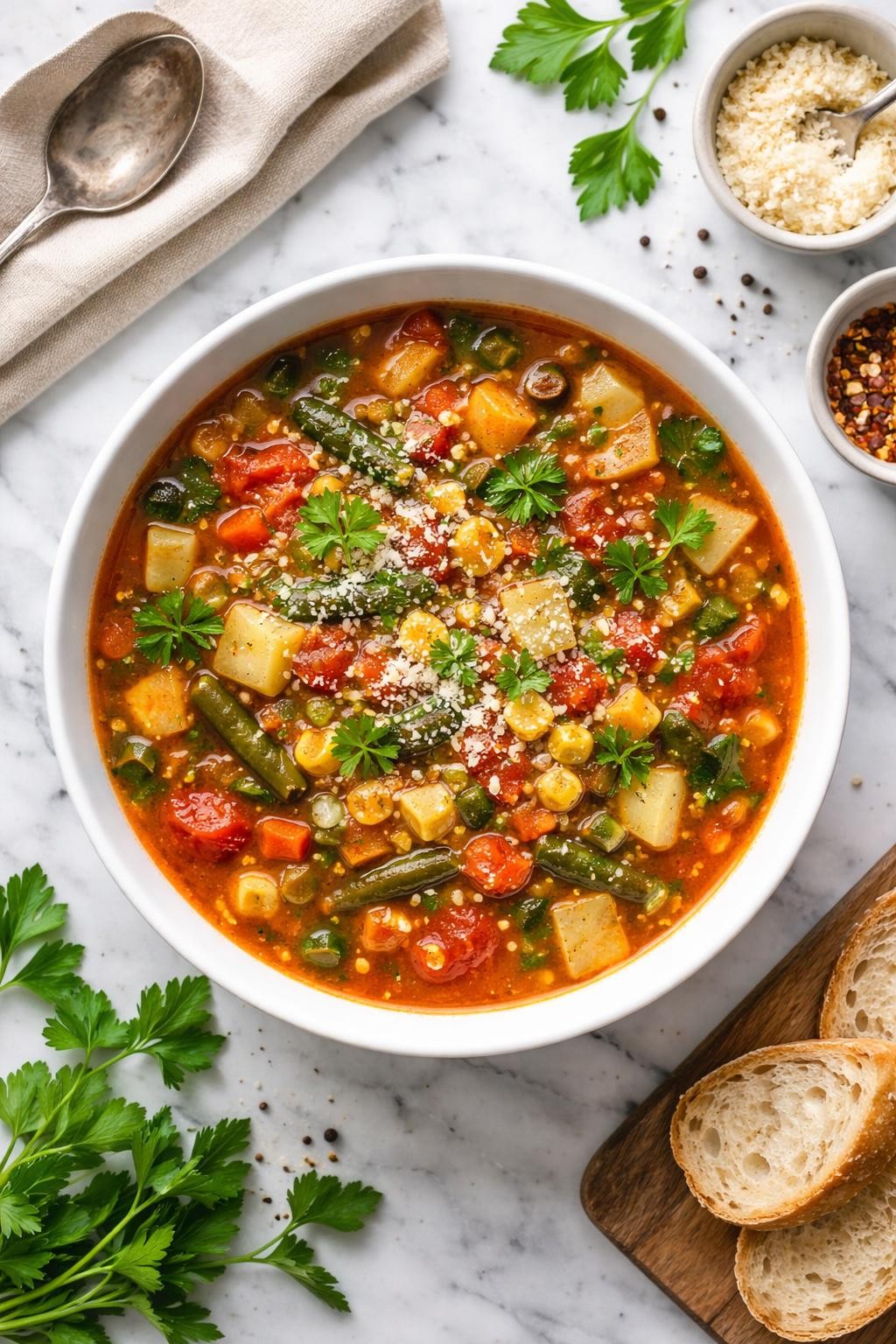 An overheard picture view of a plate of Garden Vegetable Soup sitting on a marble countertop table in the kitchen, professional food photography style.