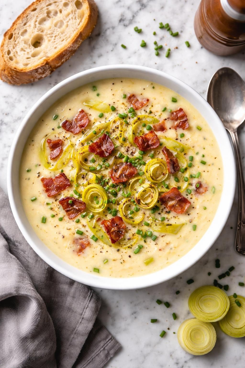 An overheard picture view of a plate of  Leek and Bacon Soup  sitting on a marble countertop table in the kitchen, professional food photography style.
