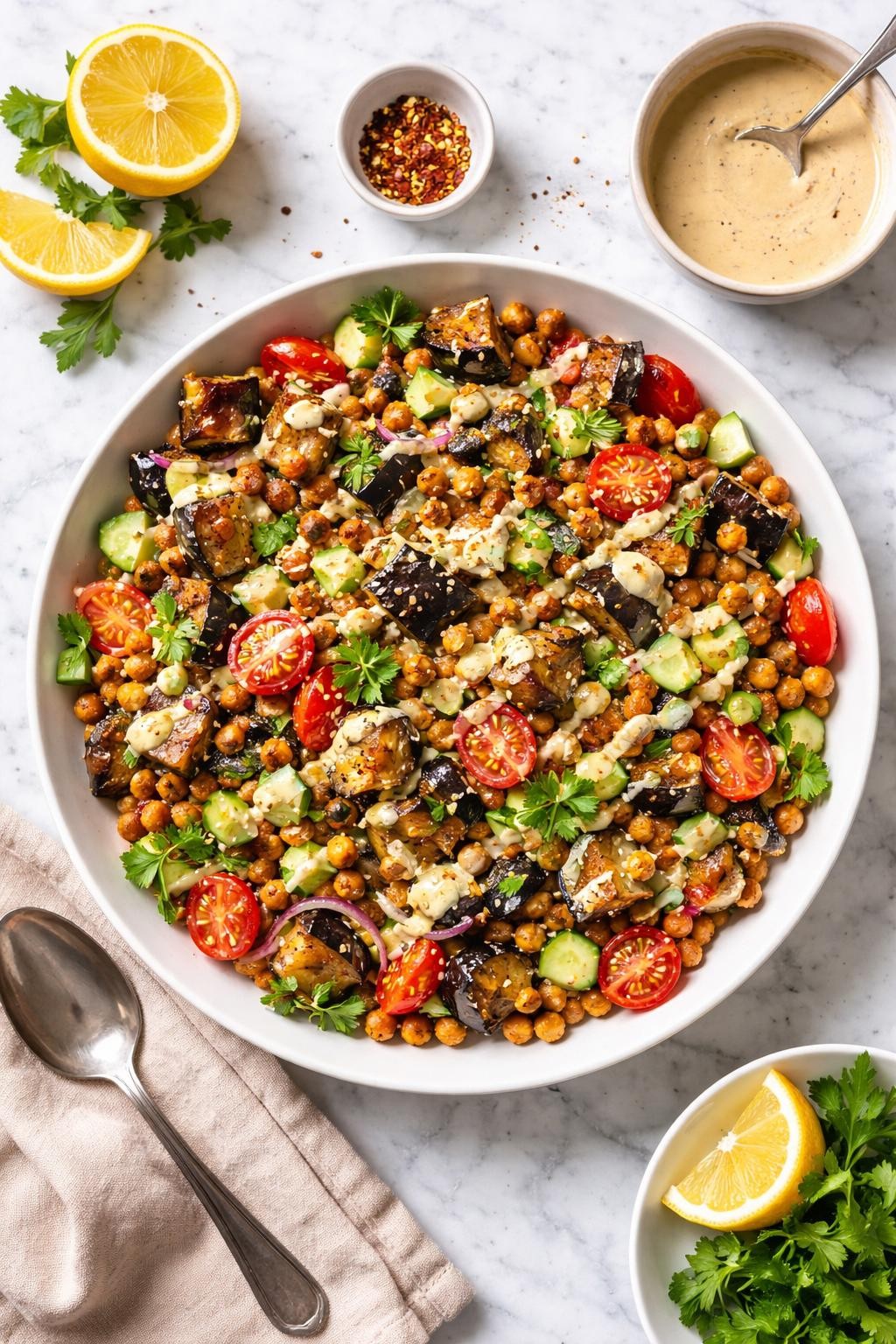 An overheard picture view of a plate of Roasted Eggplant and Chickpea Salad with Lemon-Tahini Dressing sitting on a marble countertop table in the kitchen, professional food photography style.