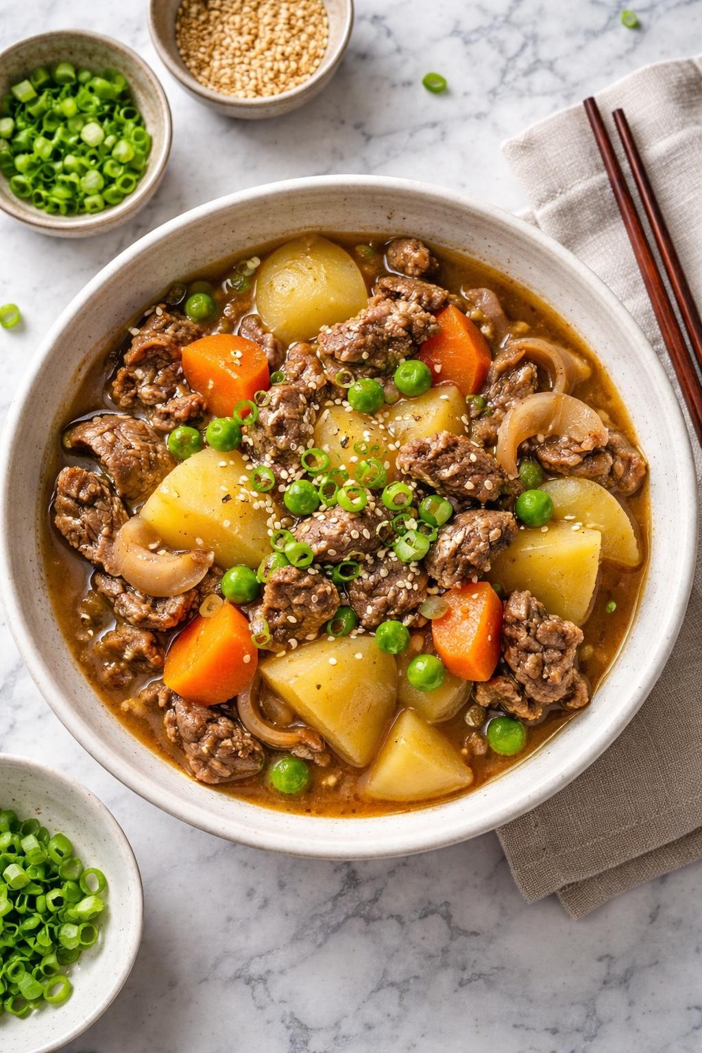 An overheard picture view of a plate of Japanese Beef Soup (Nikujaga) sitting on a marble countertop table in the kitchen, professional food photography style.