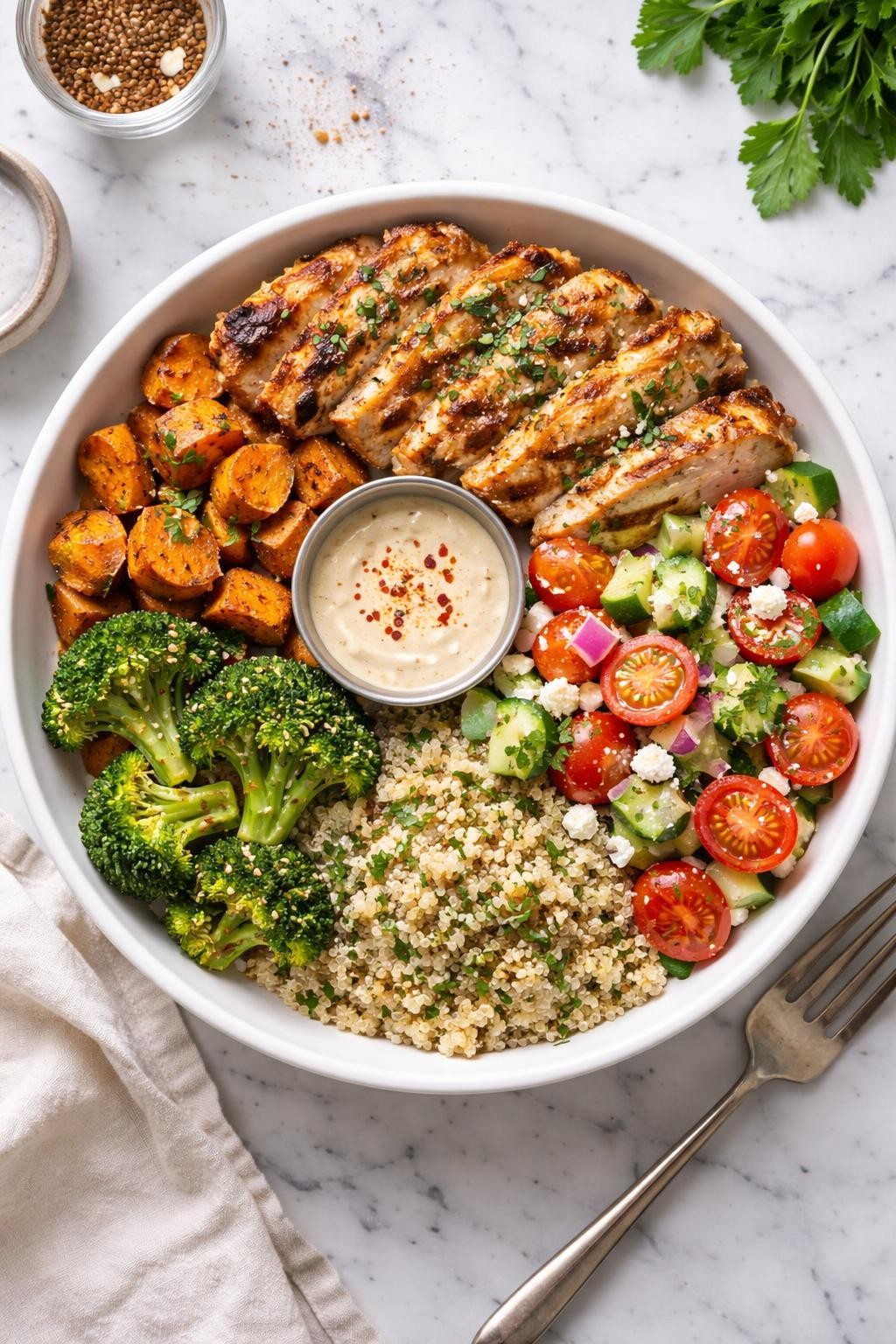 An overheard picture view of a plate of Add-a-Protein Hearty Meal sitting on a marble countertop table in the kitchen, professional food photography style.