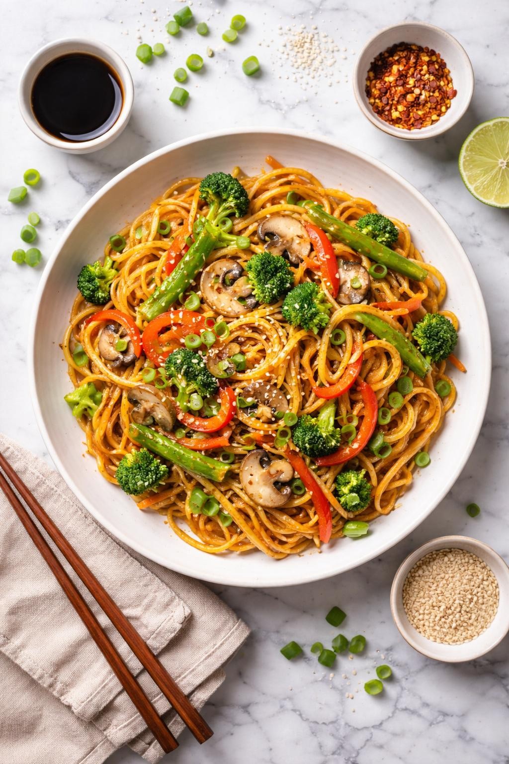An overheard picture view of a plate of Quick Vegetable Lo Mein sitting on a marble countertop table in the kitchen, professional food photography style.