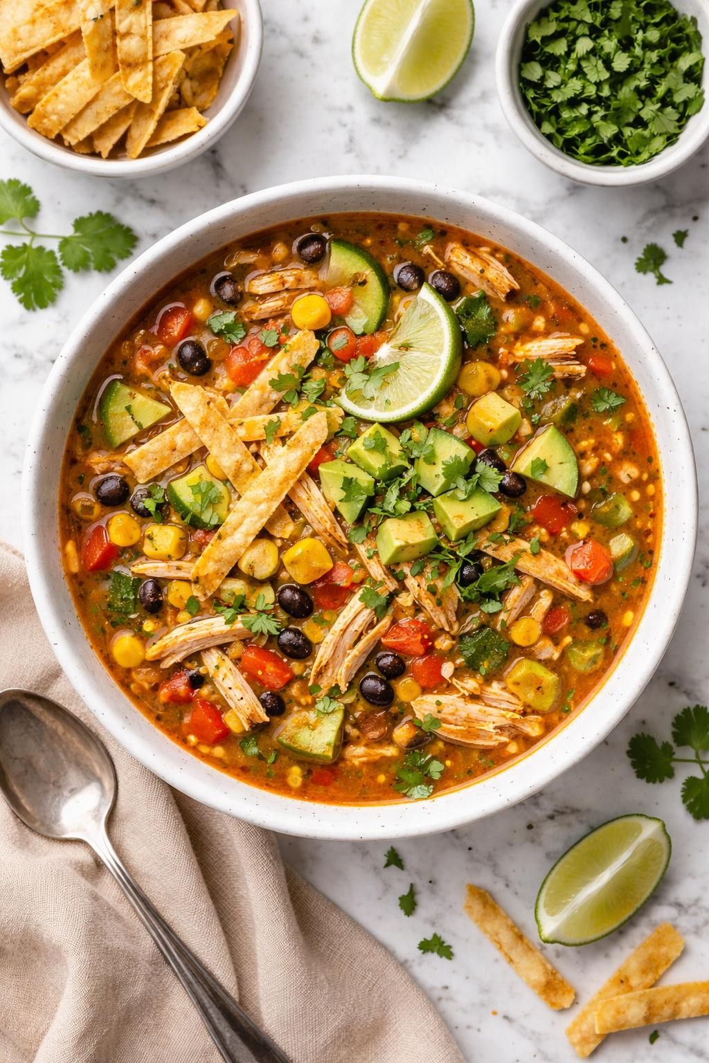 An overheard picture view of a plate of Southwestern Chicken and Vegetable Soup sitting on a marble countertop table in the kitchen, professional food photography style.