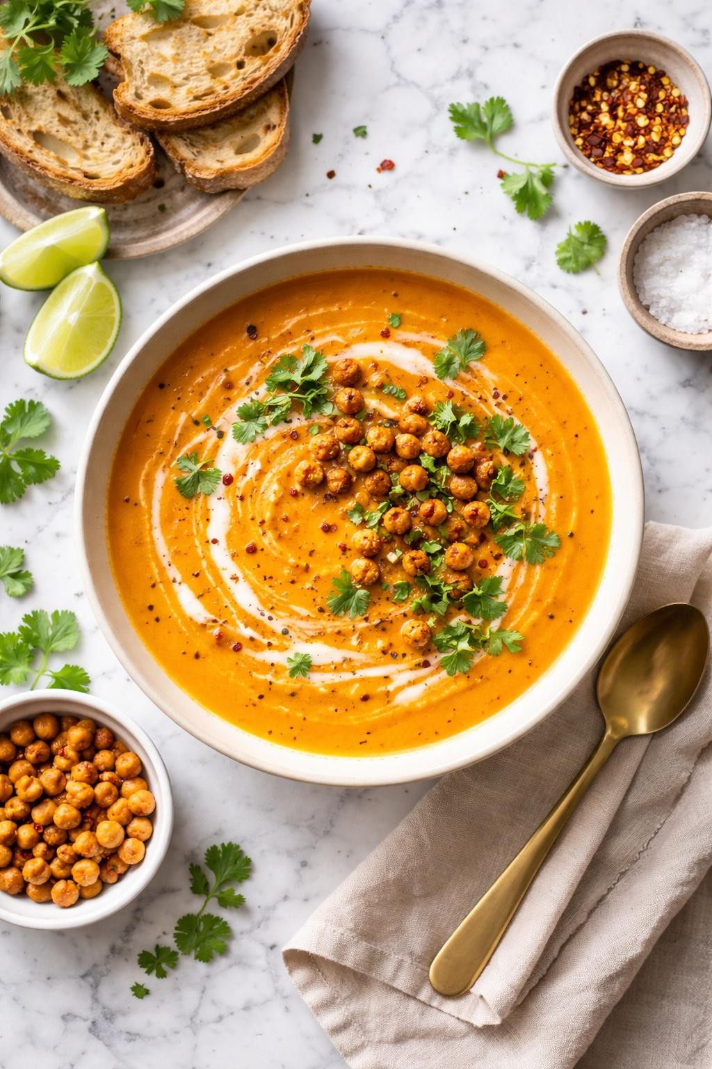 An overheard picture view of a plate of Spicy Butternut Squash and Sweet Potato Soup sitting on a marble countertop table in the kitchen, professional food photography style.