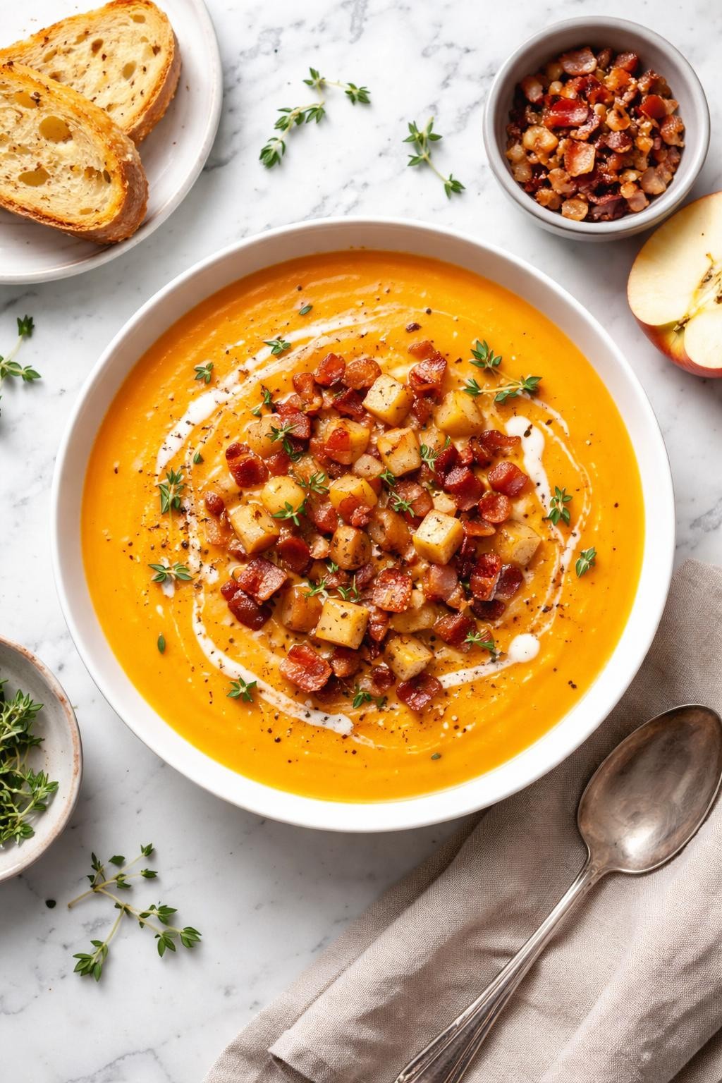 An overheard picture view of a plate of Butternut Squash Soup with Bacon and Apple sitting on a marble countertop table in the kitchen, professional food photography style.