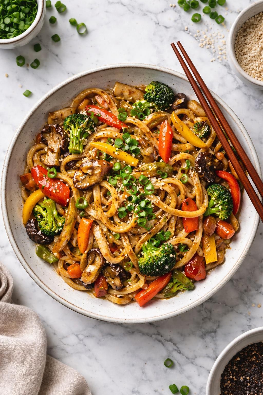 An overheard picture view of a plate of Vegan Yaki Udon sitting on a marble countertop table in the kitchen, professional food photography style.