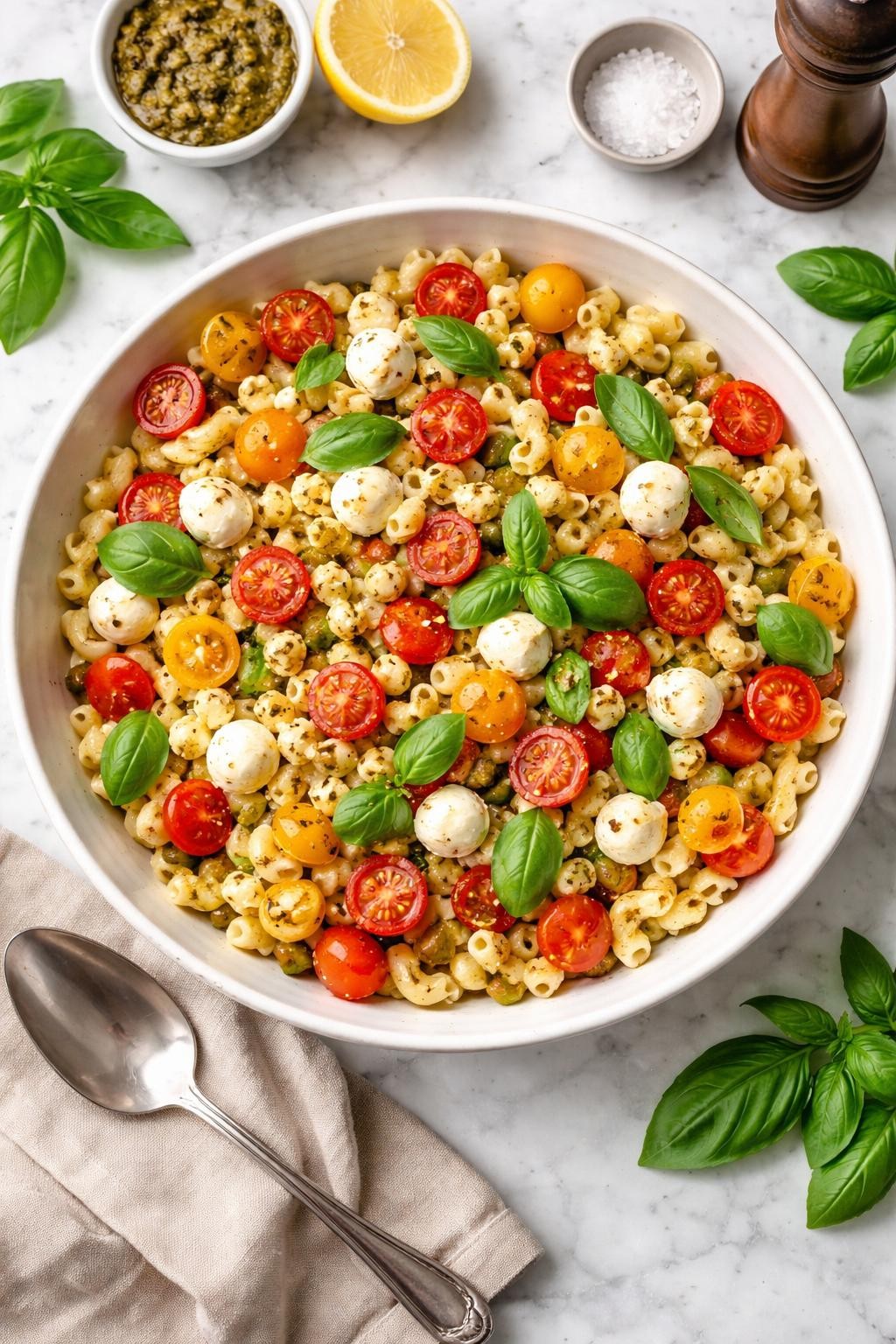An overheard picture view of a plate of  Caprese Macaroni Salad  sitting on a marble countertop table in the kitchen, professional food photography style.

