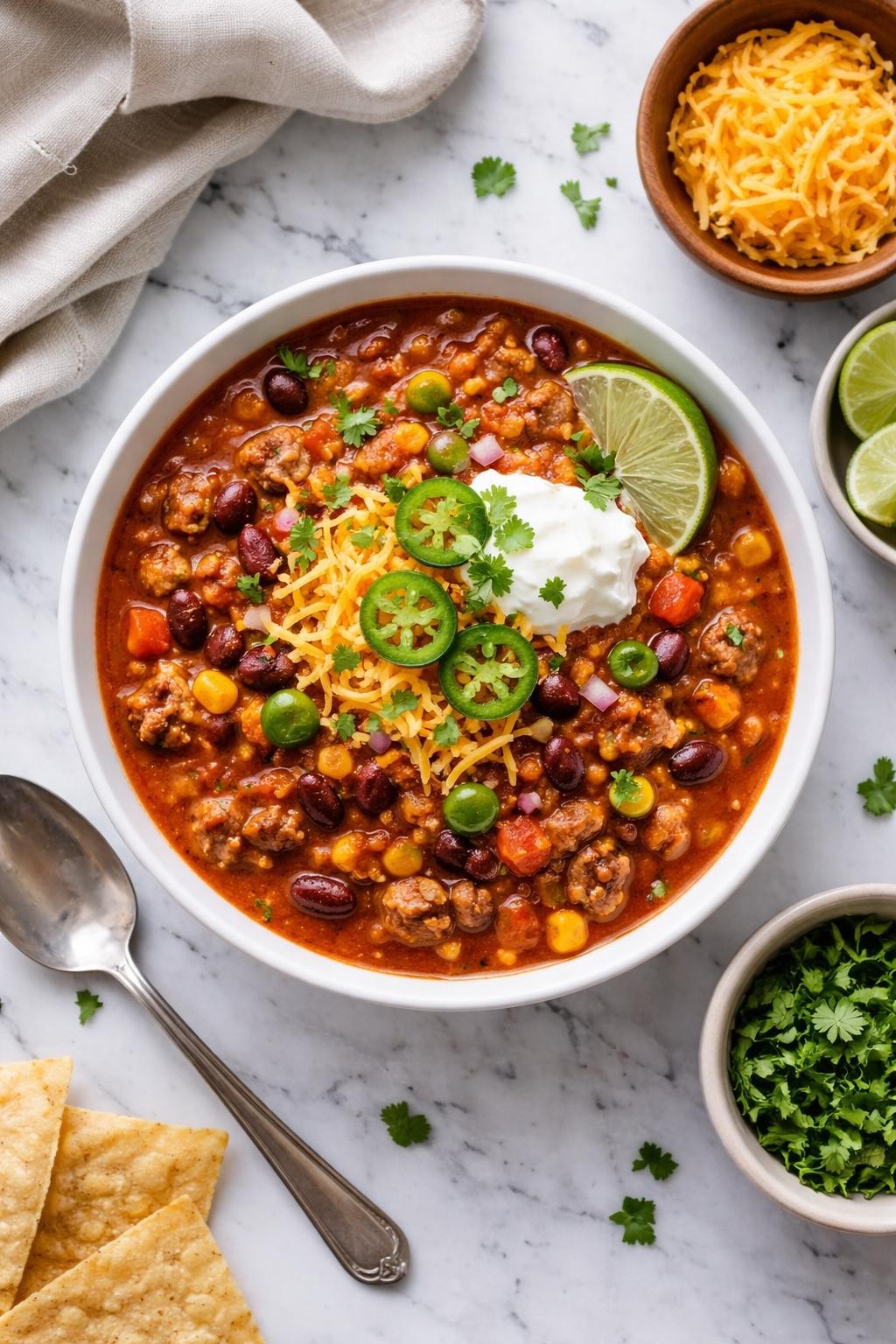 An overheard picture view of a plate of Slow Cooker Turkey Chili sitting on a marble countertop table in the kitchen, professional food photography style.