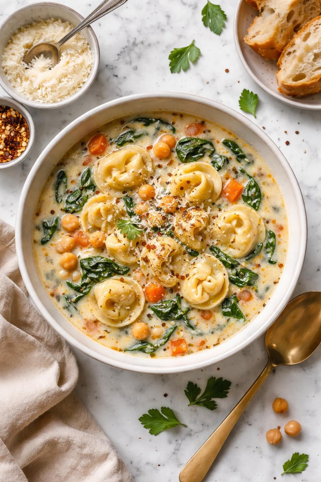 An overheard picture view of a plate of   Creamy Chickpea Tortellini Soup sitting on a marble countertop table in the kitchen, professional food photography style.
