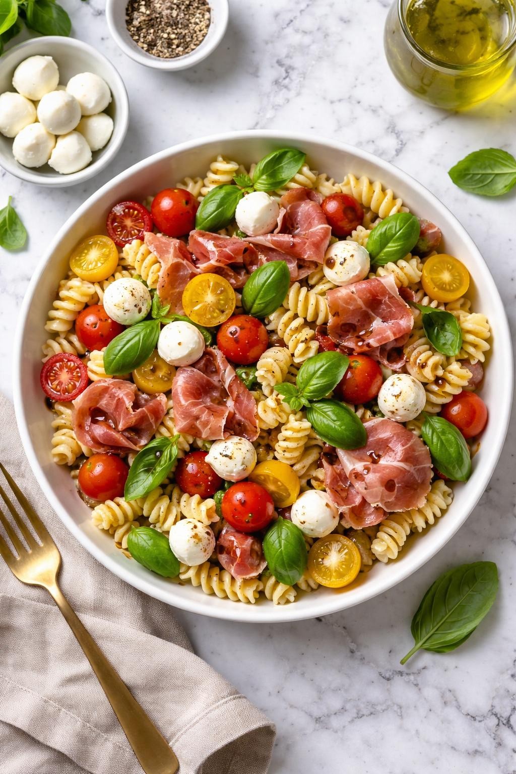 An overheard picture view of a plate of  Caprese Pasta Salad with Prosciutto  sitting on a marble countertop table in the kitchen, professional food photography style.
