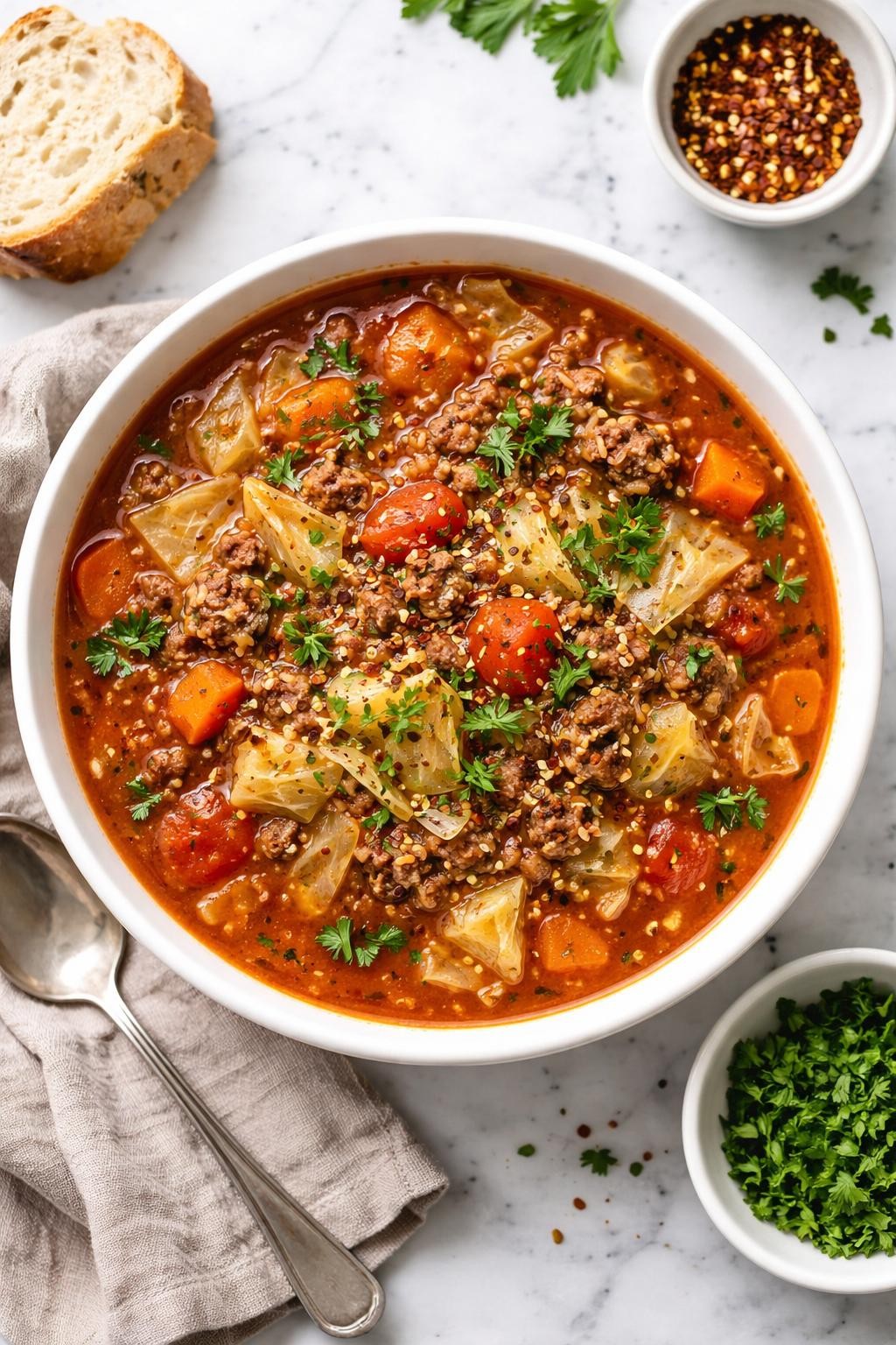 An overheard picture view of a plate of Slow Cooker Cabbage Roll Soup sitting on a marble countertop table in the kitchen, professional food photography style.