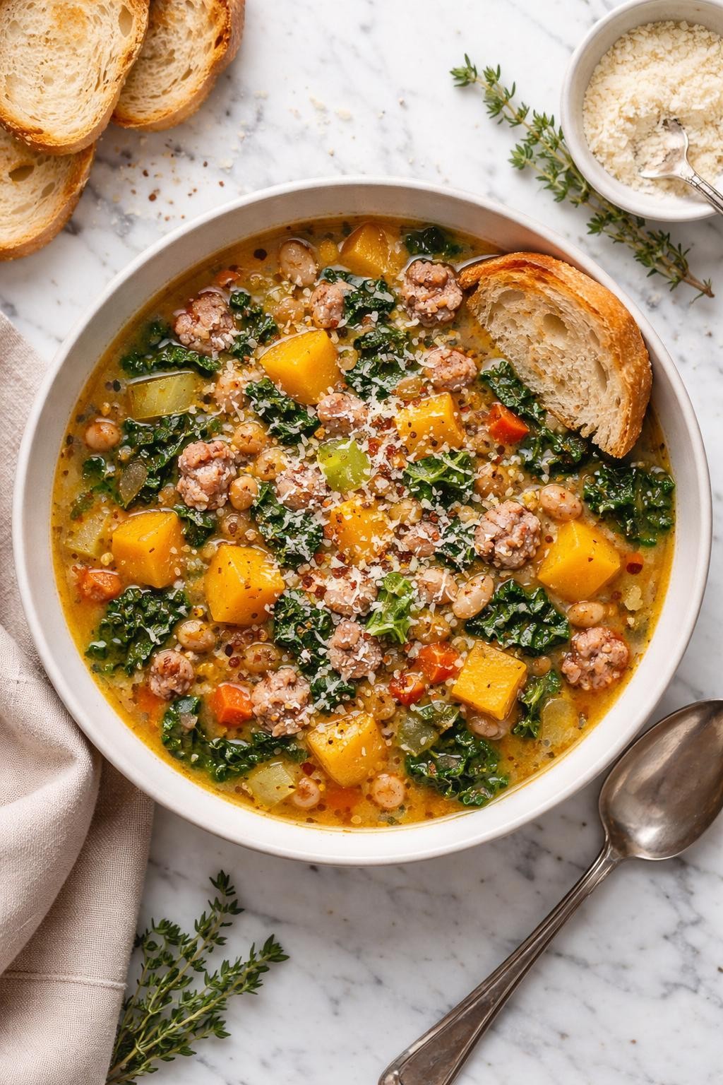 An overheard picture view of a plate of Italian Sausage and Butternut Squash Soup   sitting on a marble countertop table in the kitchen, professional food photography style.
