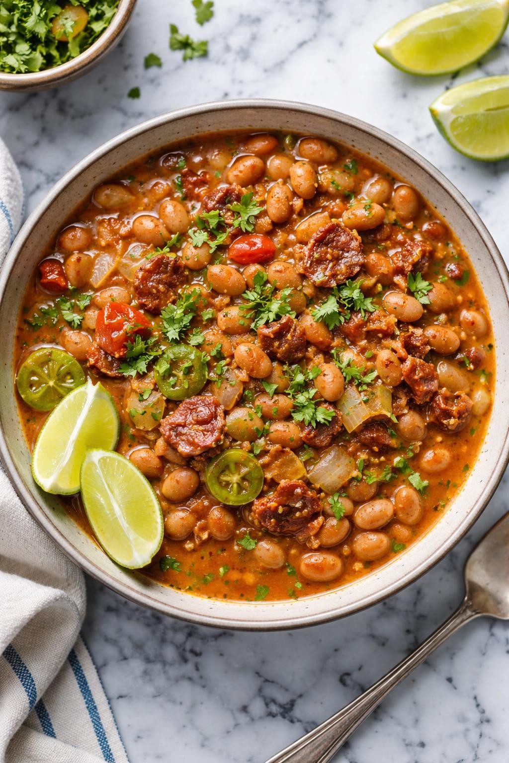 An overheard picture view of a plate of Borracho Beans (Drunken Beans) sitting on a marble countertop table in the kitchen, professional food photography style.