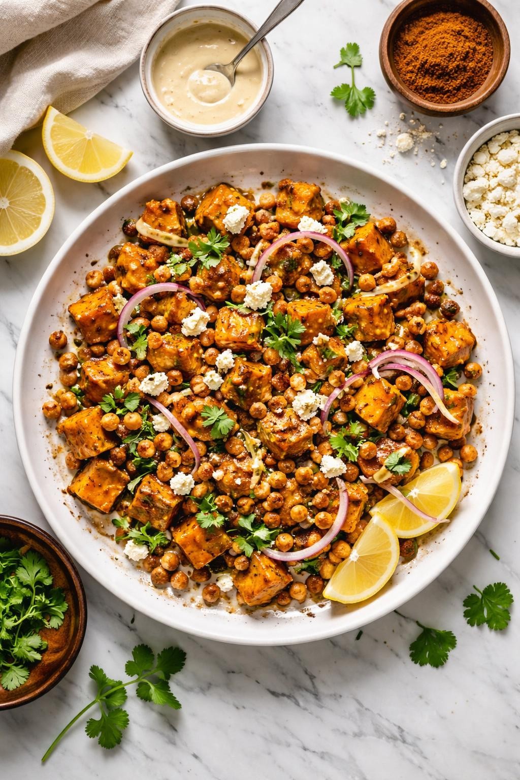 An overheard picture view of a plate of Harissa Roasted Butternut Squash with Chickpeas sitting on a marble countertop table in the kitchen, professional food photography style.