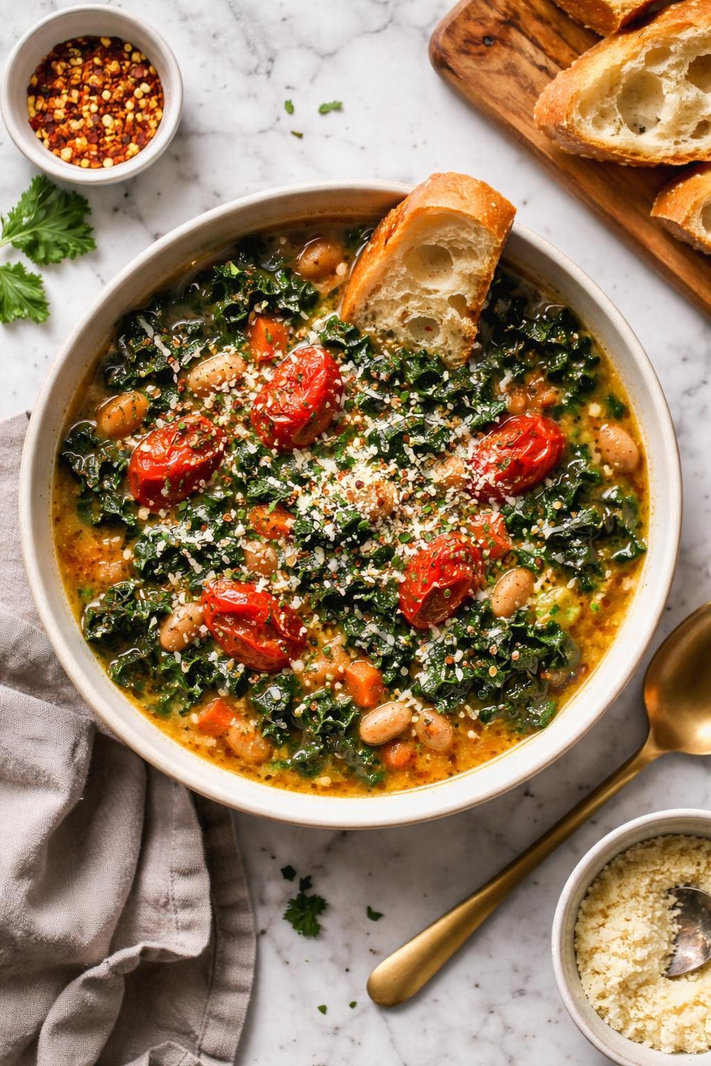 An overheard picture view of a plate of  Tuscan Kale Soup with Roasted Tomatoes  sitting on a marble countertop table in the kitchen, professional food photography style.
