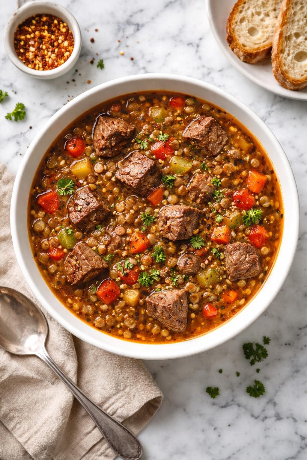 An overheard picture view of a plate of Beef and Lentil Soup sitting on a marble countertop table in the kitchen, professional food photography style.