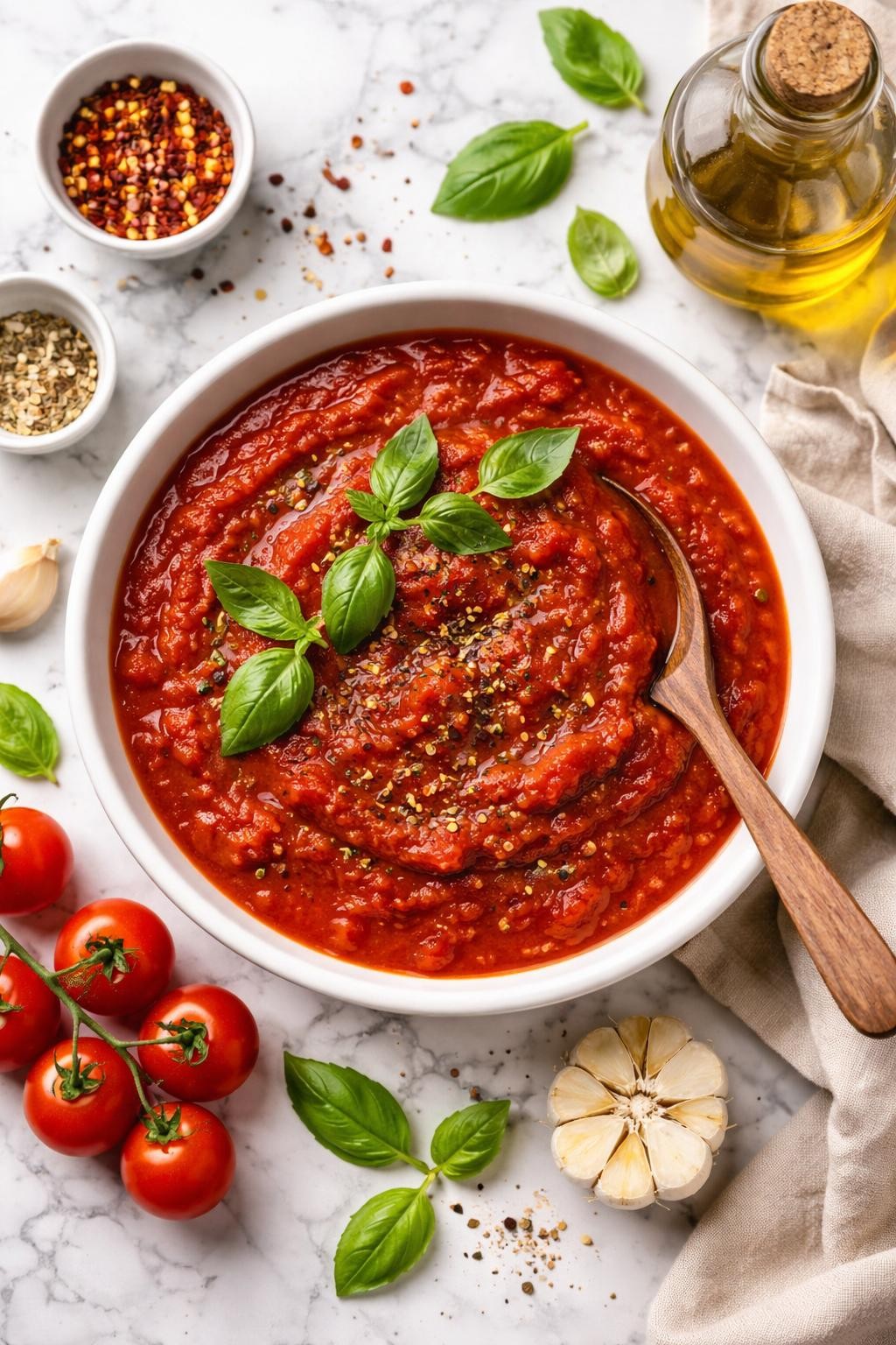An overheard picture view of a plate of Vegan Marinara Sauce   sitting on a marble countertop table in the kitchen, professional food photography style.
