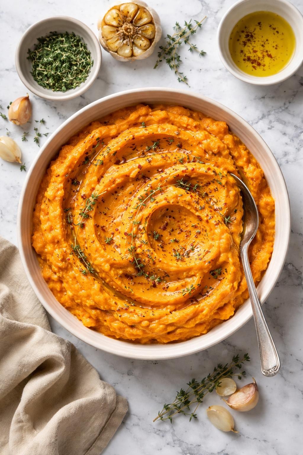 An overheard picture view of a plate of Quick Garlic and Thyme Butternut Squash Mash sitting on a marble countertop table in the kitchen, professional food photography style.