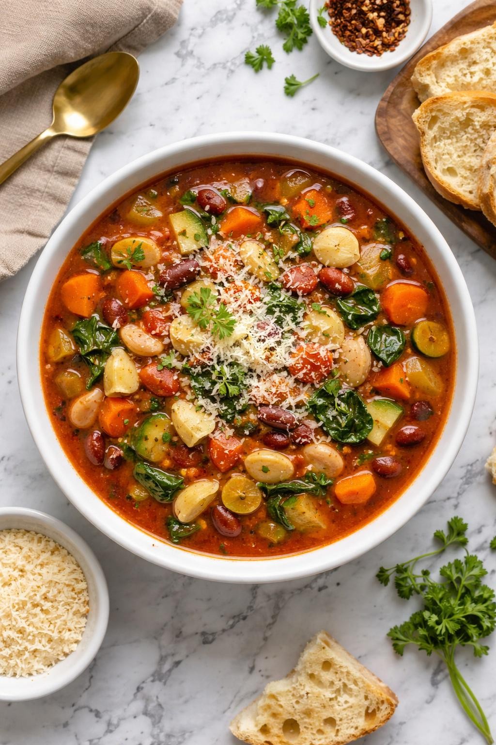 An overheard picture view of a plate of Slow Cooker Minestrone Soup sitting on a marble countertop table in the kitchen, professional food photography style.