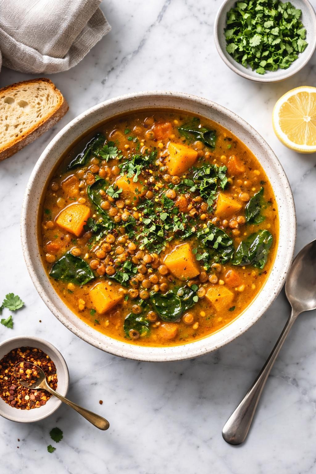 An overheard picture view of a plate of Butternut Squash and Lentil Soup sitting on a marble countertop table in the kitchen, professional food photography style.