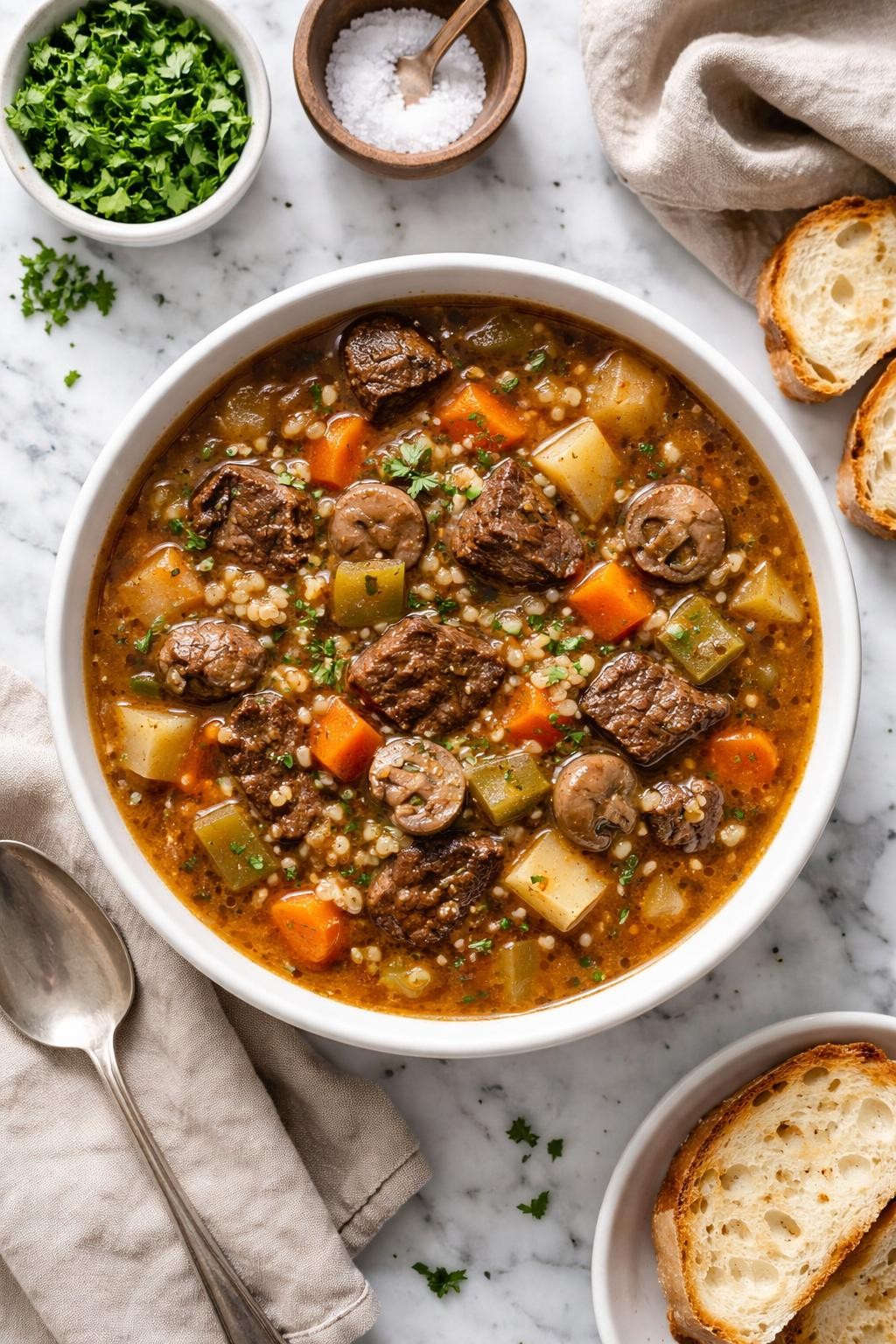 An overheard picture view of a plate of Slow Cooker Beef and Barley Soup sitting on a marble countertop table in the kitchen, professional food photography style.