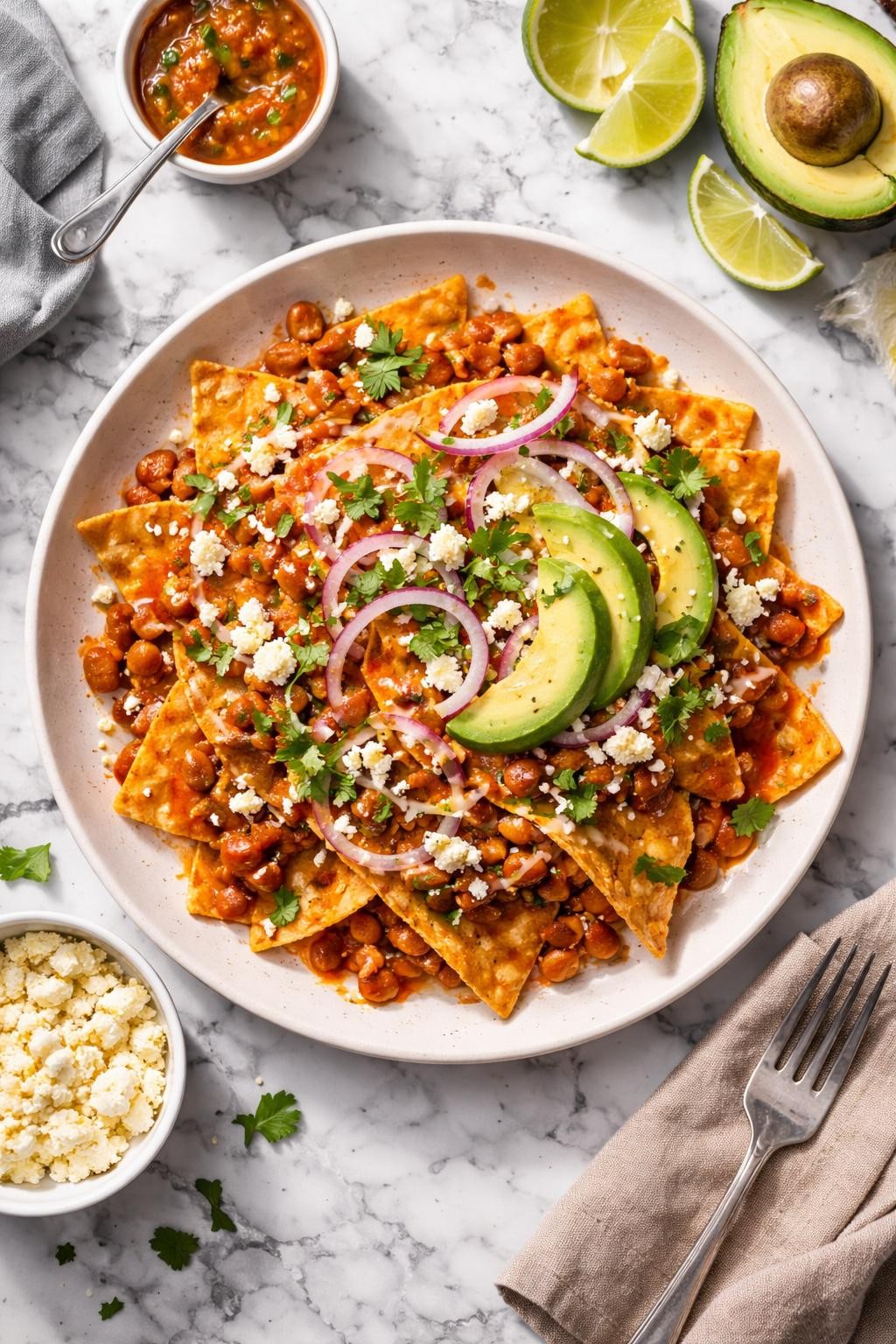 An overheard picture view of a plate of Pinto Bean Chilaquiles sitting on a marble countertop table in the kitchen, professional food photography style.