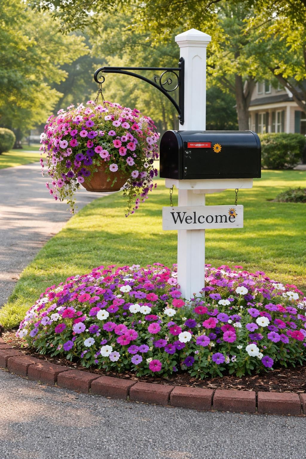 Photo of a mailbox with a hanging basket bracket holding a trailing flower basket above a ground bed of matching flowers, straight-on view from street, setting in a cheerful suburban front yard, morning light, containing a small welcome sign on the post, iPhone photo quality.