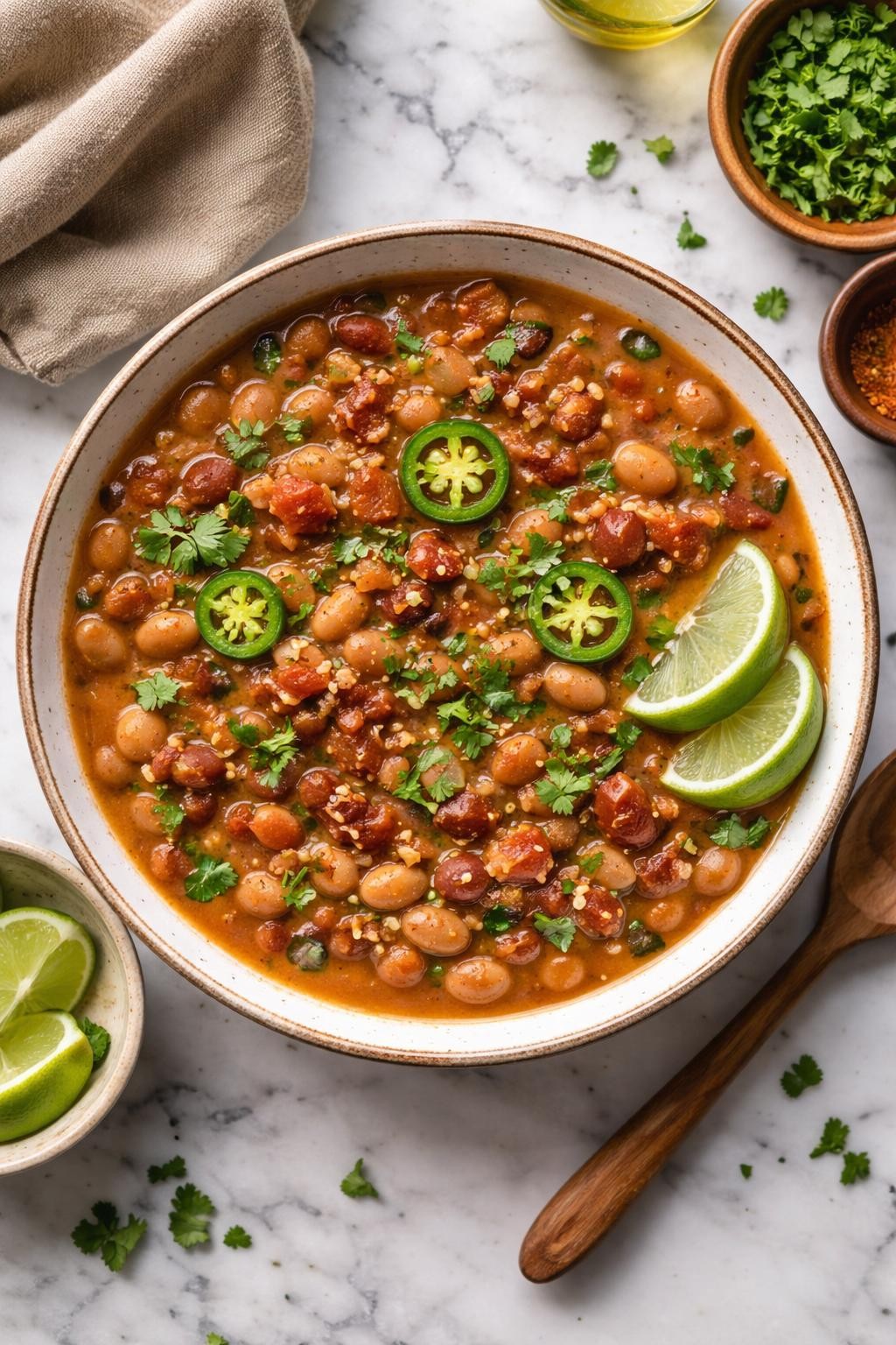 An overheard picture view of a plate of Charro Beans (Frijoles Charros) sitting on a marble countertop table in the kitchen, professional food photography style.