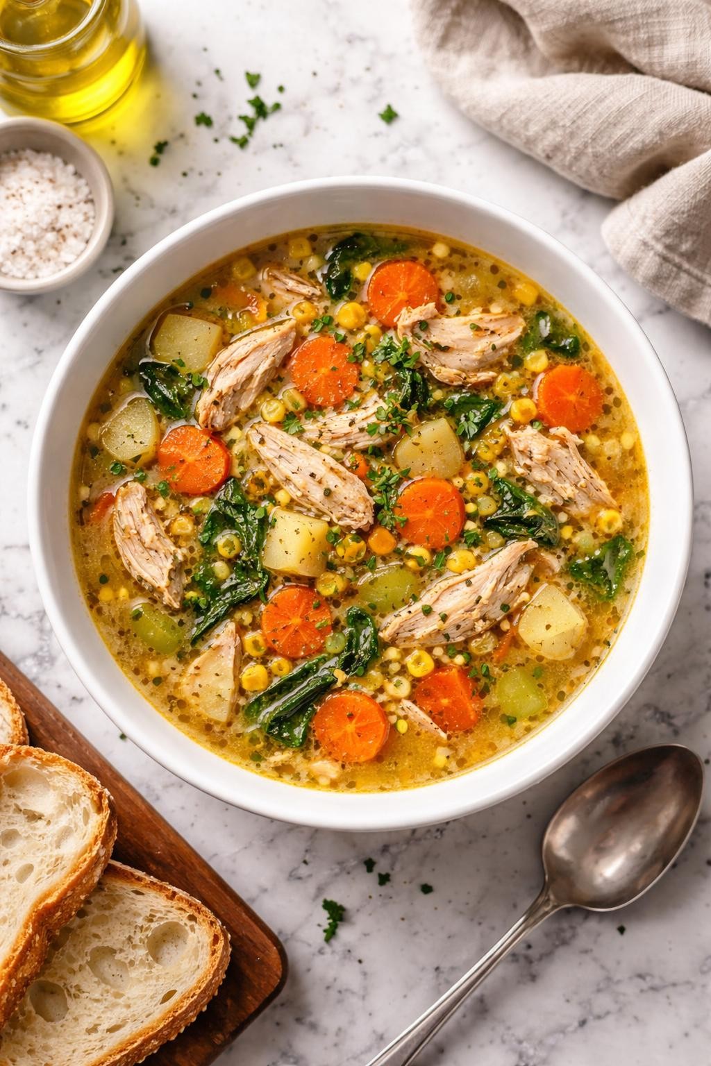 An overheard picture view of a plate of Chicken and Vegetable Soup   sitting on a marble countertop table in the kitchen, professional food photography style.
