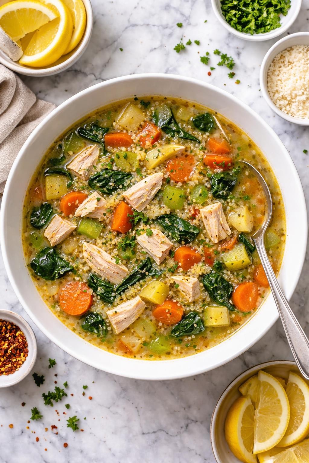 An overheard picture view of a plate of  Chicken and Vegetable Soup with Quinoa  sitting on a marble countertop table in the kitchen, professional food photography style.
