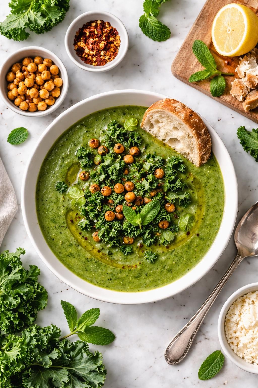 An overheard picture view of a plate of Herbed Kale and Mint Soup   sitting on a marble countertop table in the kitchen, professional food photography style.
