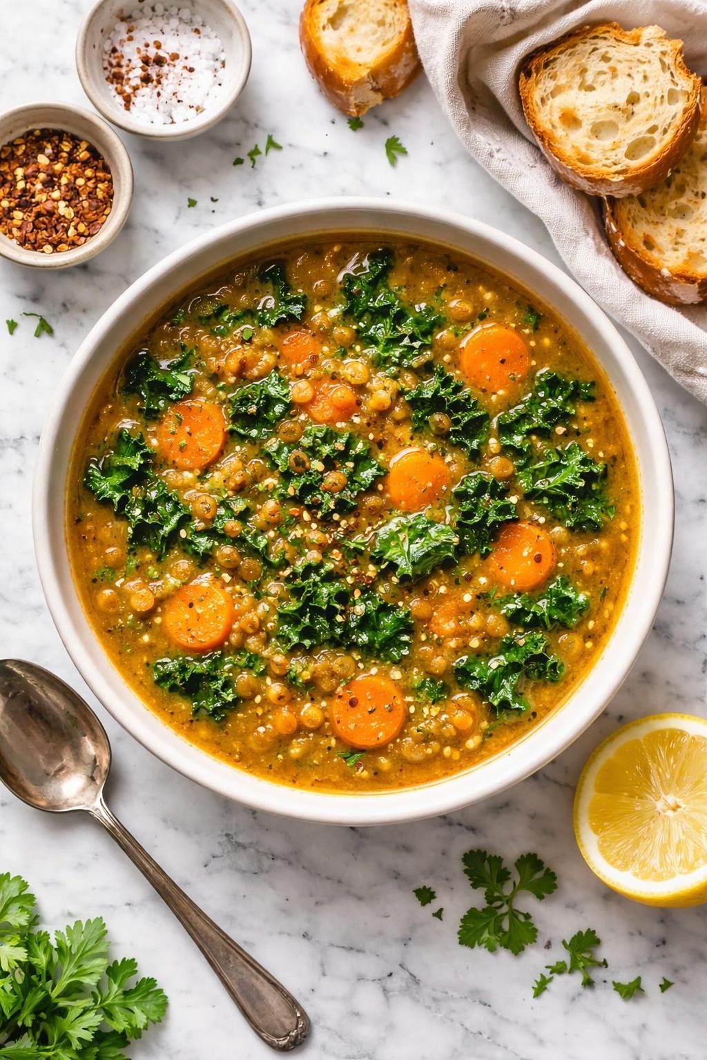 An overheard picture view of a plate of  Carrot, Kale, and Red Lentil Soup  sitting on a marble countertop table in the kitchen, professional food photography style.
