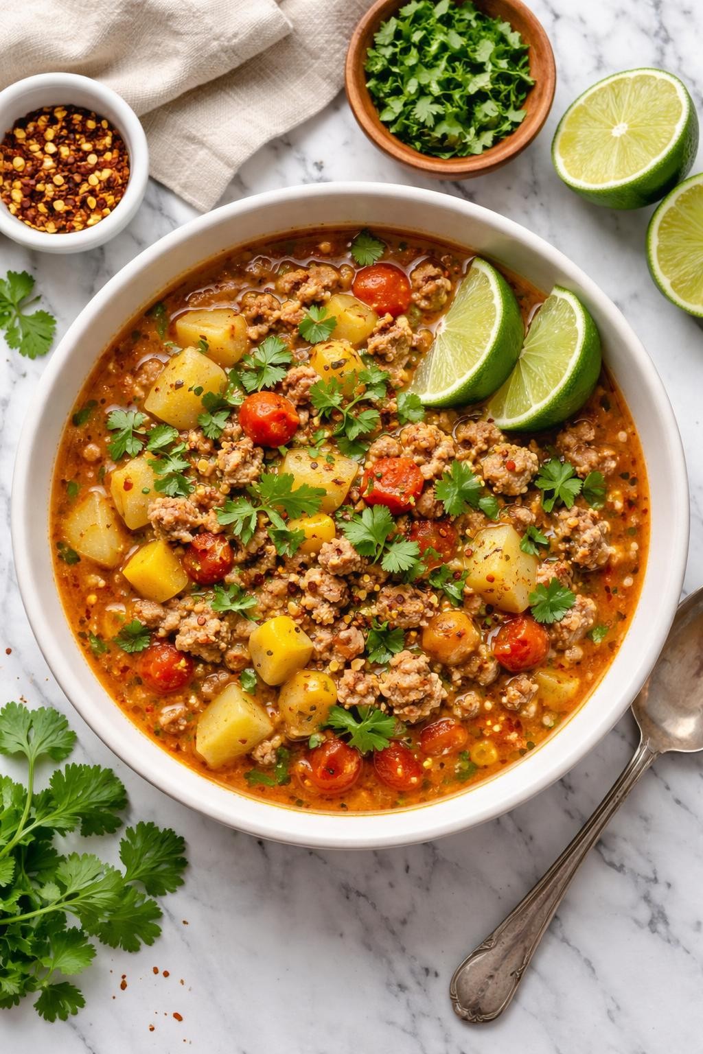 An overheard picture view of a plate of  Cilantro-Lime Turkey Stew  sitting on a marble countertop table in the kitchen, professional food photography style.

