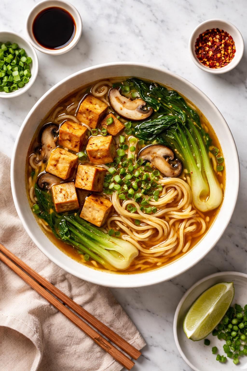 An overheard picture view of a plate of Miso Soup Noodles with Tofu sitting on a marble countertop table in the kitchen, professional food photography style.